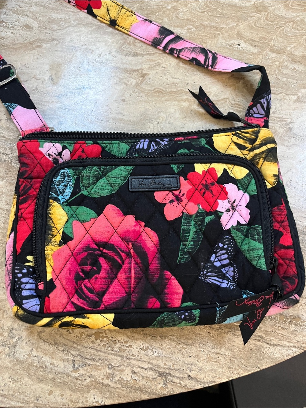 Vera Bradley Quilted Floral Crossbody - Black with Pink, Yellow & Green